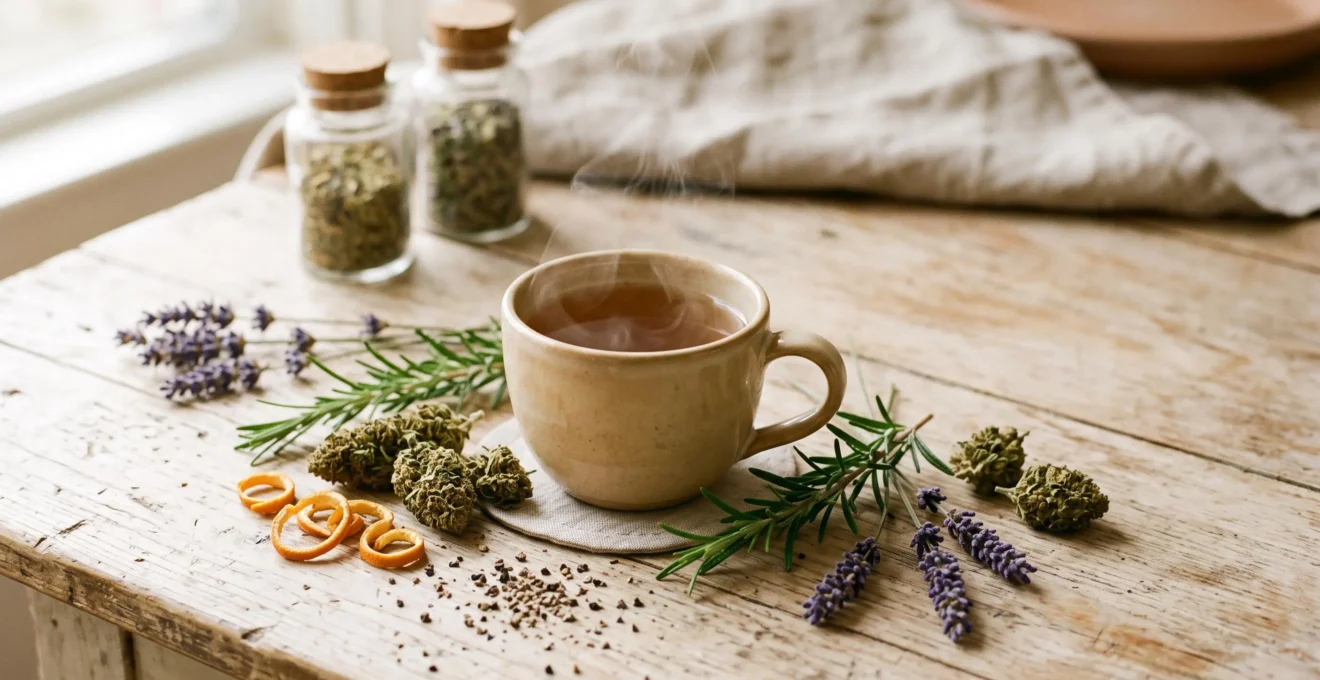 Composition artisanale d'une infusion CBD entourée de plantes aromatiques, agrumes et fleurs de chanvre sur une table en bois