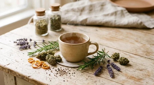 Composition artisanale d'une infusion CBD entourée de plantes aromatiques, agrumes et fleurs de chanvre sur une table en bois