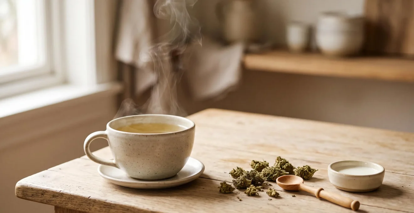 Tasse en céramique fumante contenant une infusion de fleurs de CBD, avec des fleurs de chanvre séchées disposées à côté sur une surface en bois clair