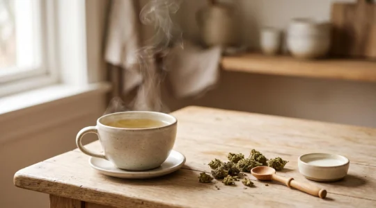 Tasse en céramique fumante contenant une infusion de fleurs de CBD, avec des fleurs de chanvre séchées disposées à côté sur une surface en bois clair