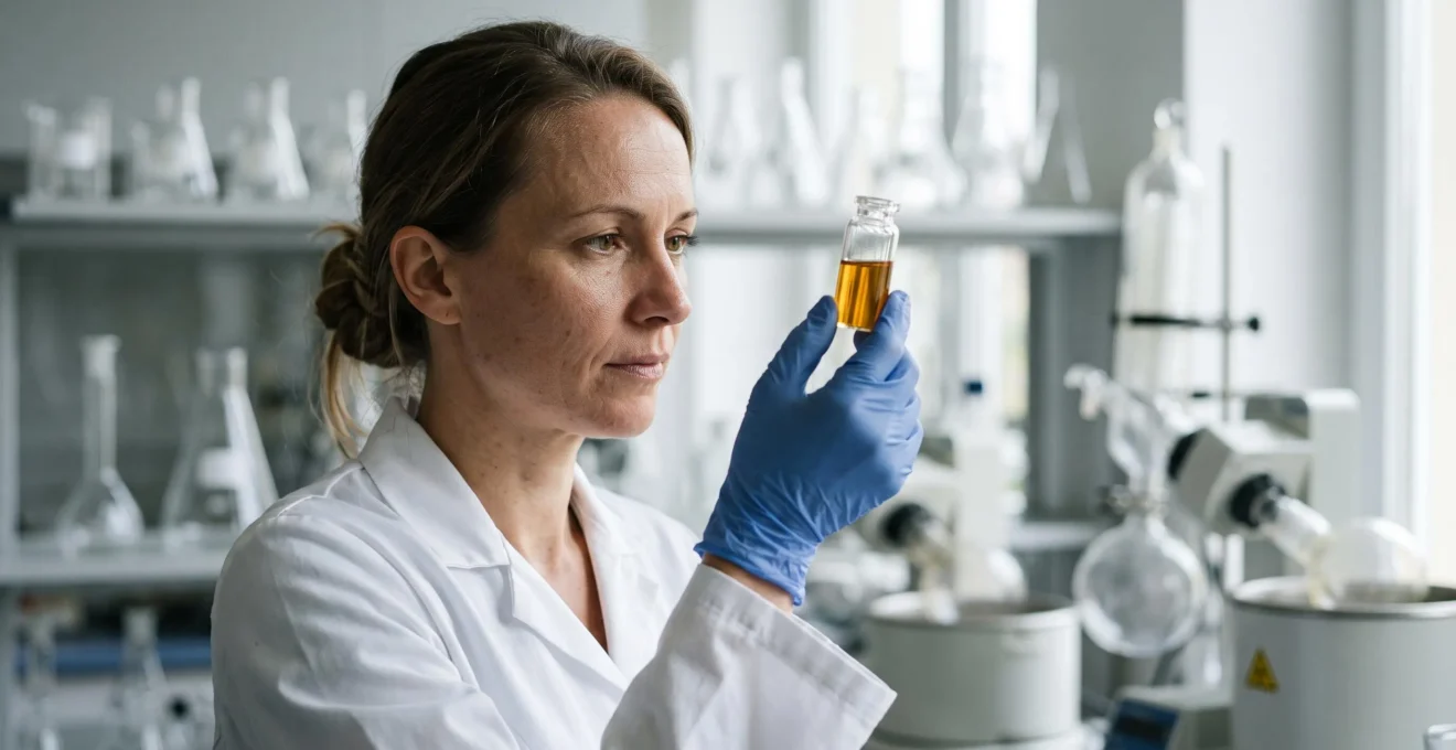 Technicien de laboratoire européen analysant un extrait de chanvre CBD dans un environnement scientifique rigoureux