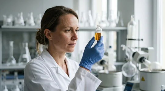 Technicien de laboratoire européen analysant un extrait de chanvre CBD dans un environnement scientifique rigoureux