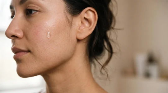 Gros plan sur une peau du visage apaisée illustrant les soins au CBD contre la dermatite atopique et la rosacée