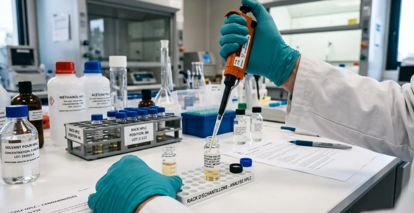 Mains gantées d'un technicien préparant un échantillon de résine CBD avec une micropipette pour analyse chromatographique