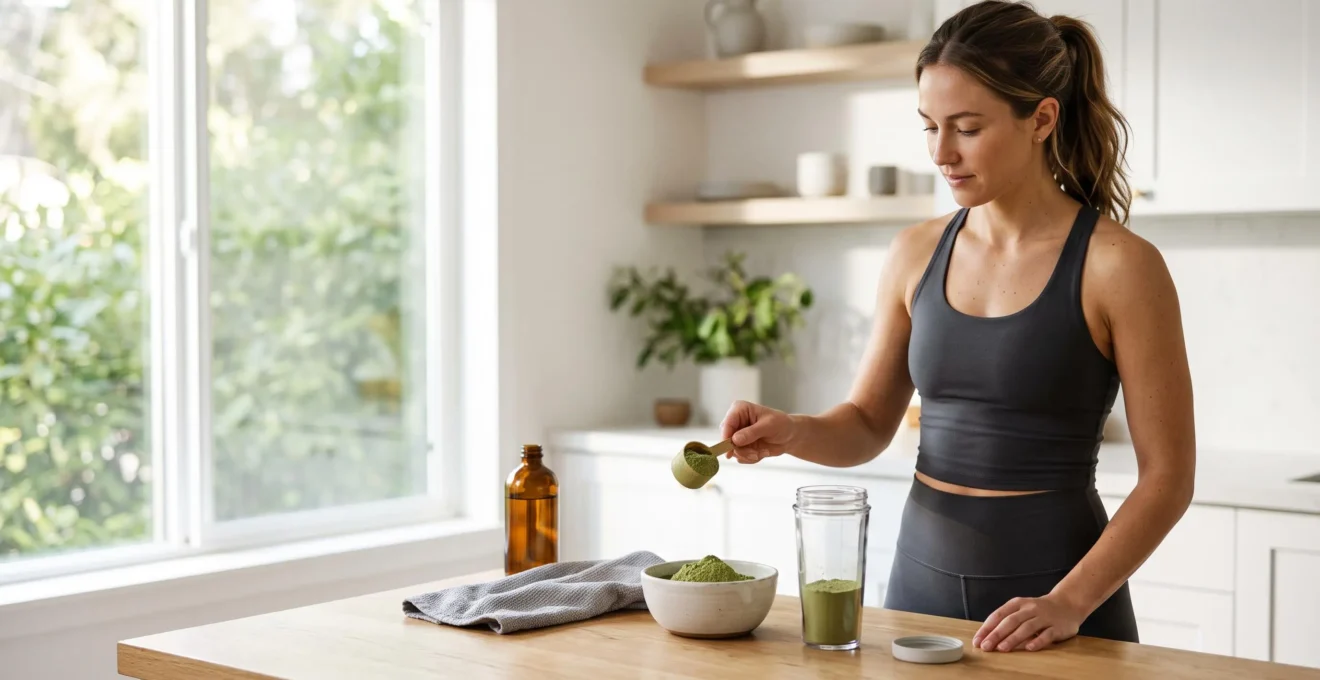 Sportif préparant un bol de poudre protéinée de chanvre au CBD dans une cuisine lumineuse après l'entraînement
