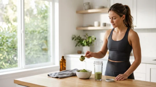 Sportif préparant un bol de poudre protéinée de chanvre au CBD dans une cuisine lumineuse après l'entraînement
