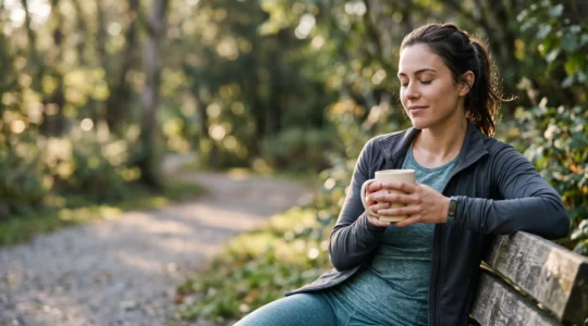 Sportif au repos savourant une infusion apaisante de fleurs de CBD après une séance d'entraînement intense