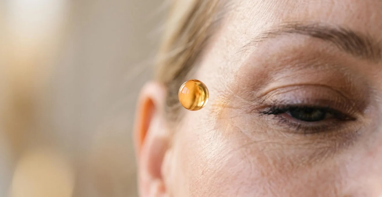 Gros plan artistique sur une goutte de sérum translucide posée sur une peau lisse au niveau du contour de l'œil, évoquant l'action ciblée du CBD sur les rides profondes
