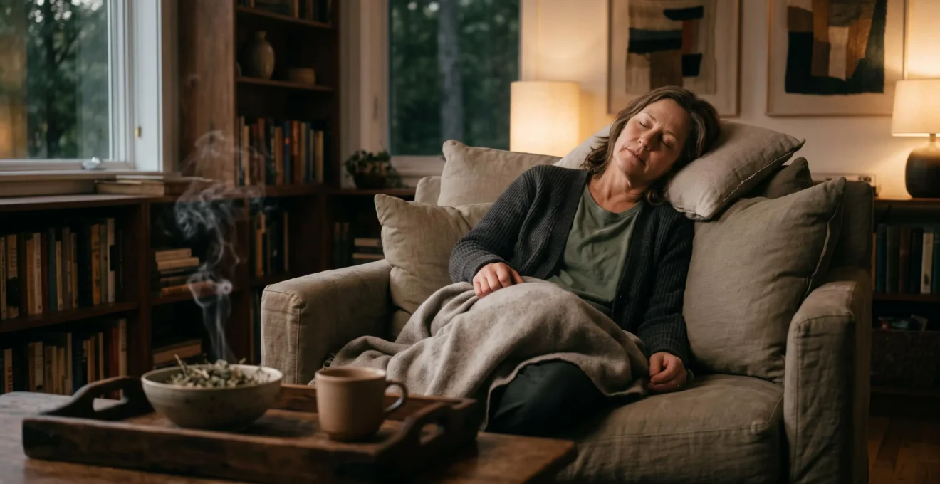 Ambiance chaleureuse de detente en soiree evoquant l'effet apaisant intense recherche par les consommateurs de CBD