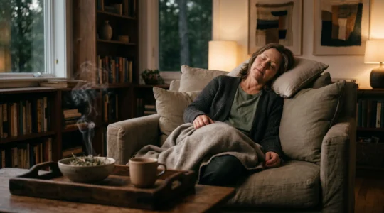 Ambiance chaleureuse de detente en soiree evoquant l'effet apaisant intense recherche par les consommateurs de CBD