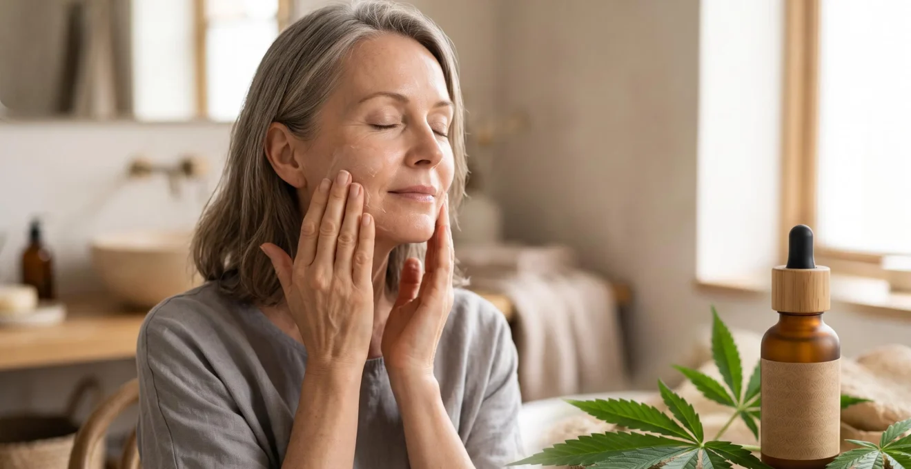 Femme d'âge mûr appliquant un soin visage sur une peau lumineuse, dans une ambiance épurée évoquant une routine de beauté au CBD anti-âge