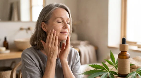 Femme d'âge mûr appliquant un soin visage sur une peau lumineuse, dans une ambiance épurée évoquant une routine de beauté au CBD anti-âge