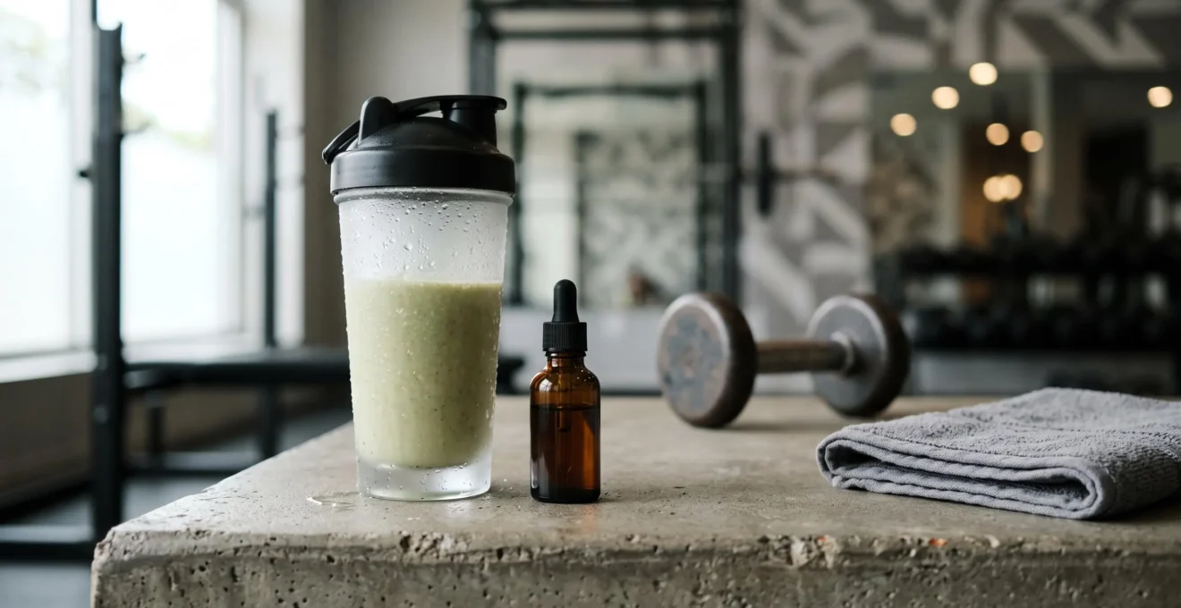 Composition éditoriale illustrant l'association entre une boisson protéinée végétale et une huile de CBD pour la récupération sportive