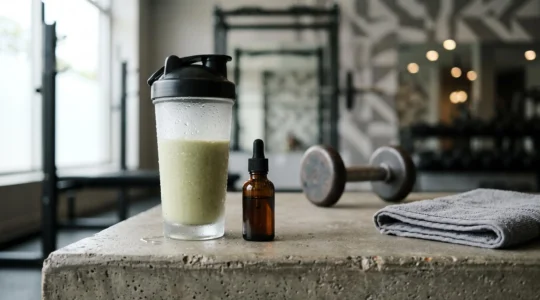 Composition éditoriale illustrant l'association entre une boisson protéinée végétale et une huile de CBD pour la récupération sportive