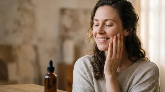 Portrait éditorial d'un sourire naturel et confortable, symbolisant un blanchiment dentaire apaisé sans sensibilité