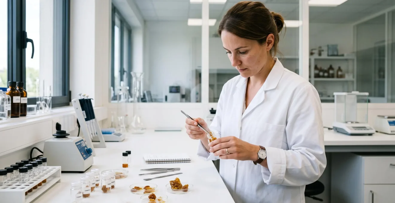Technicien de laboratoire examinant des échantillons de résine CBD dans des récipients en verre sur un plan de travail de laboratoire
