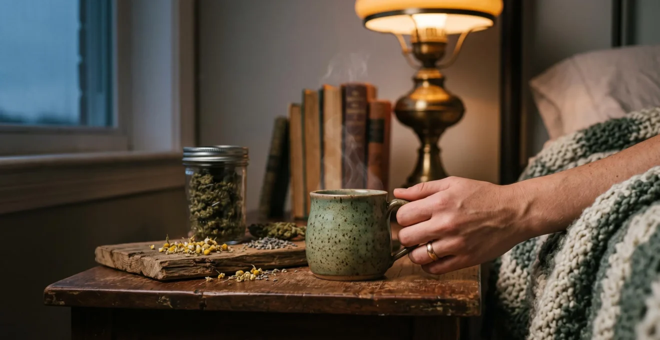 Tasse fumante de tisane au CBD posée sur une table en bois dans une ambiance tamisée du soir, propice à la détente avant le sommeil