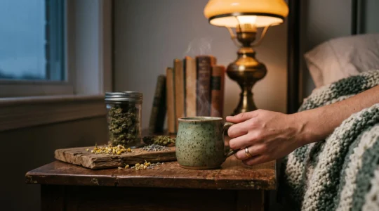 Tasse fumante de tisane au CBD posée sur une table en bois dans une ambiance tamisée du soir, propice à la détente avant le sommeil