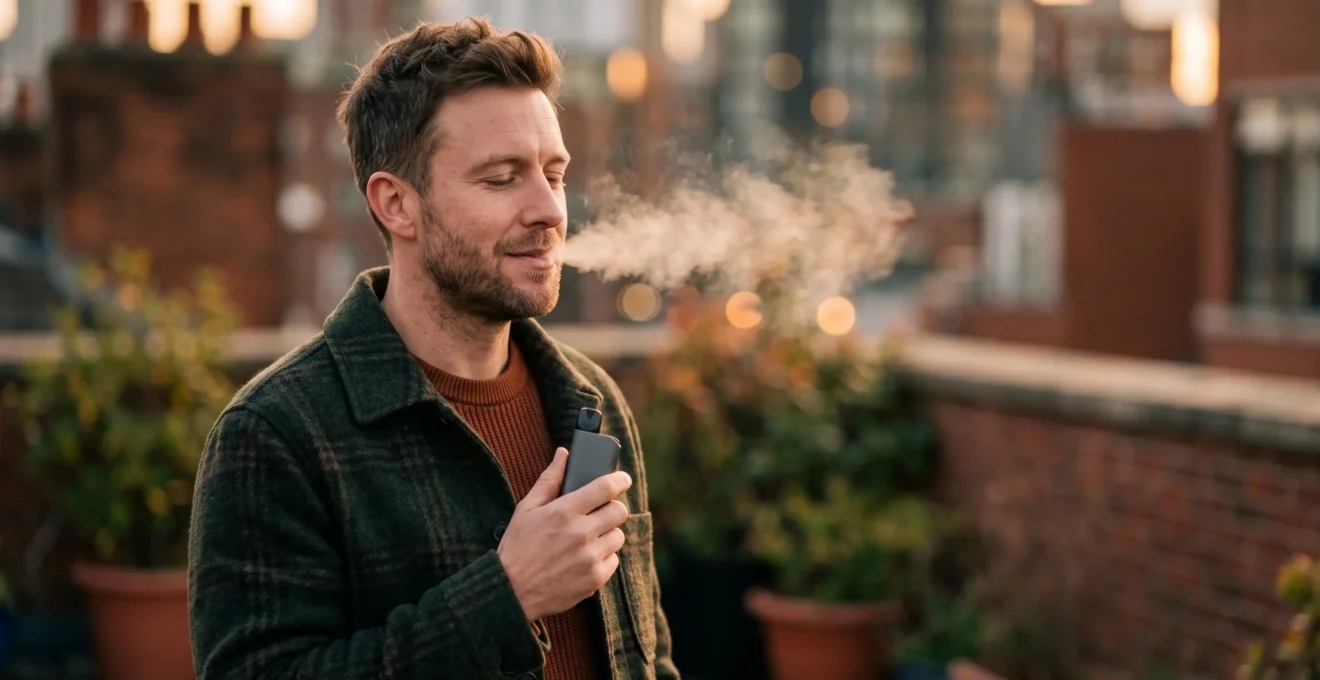 Personne exhalant lentement de la vapeur au coucher du soleil, illustrant la recherche d'un équilibre personnel dans le dosage du CBD