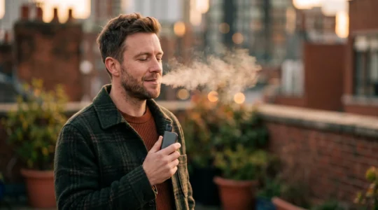 Personne exhalant lentement de la vapeur au coucher du soleil, illustrant la recherche d'un équilibre personnel dans le dosage du CBD