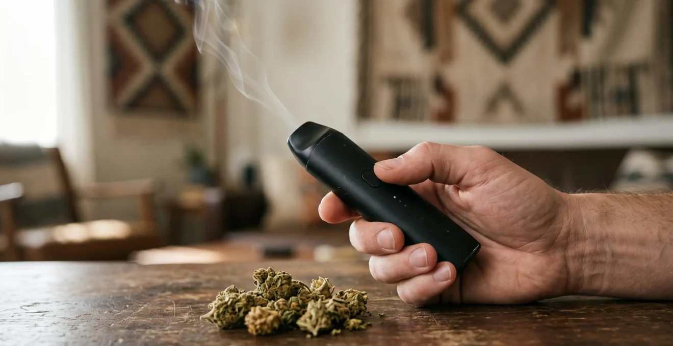 Main tenant un vaporisateur portable avec une fleur de CBD et une fine volute de vapeur illustrant la préservation des terpènes