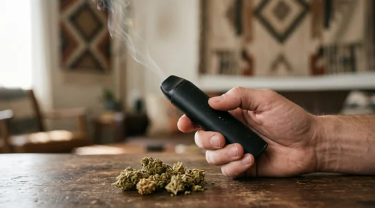Main tenant un vaporisateur portable avec une fleur de CBD et une fine volute de vapeur illustrant la préservation des terpènes