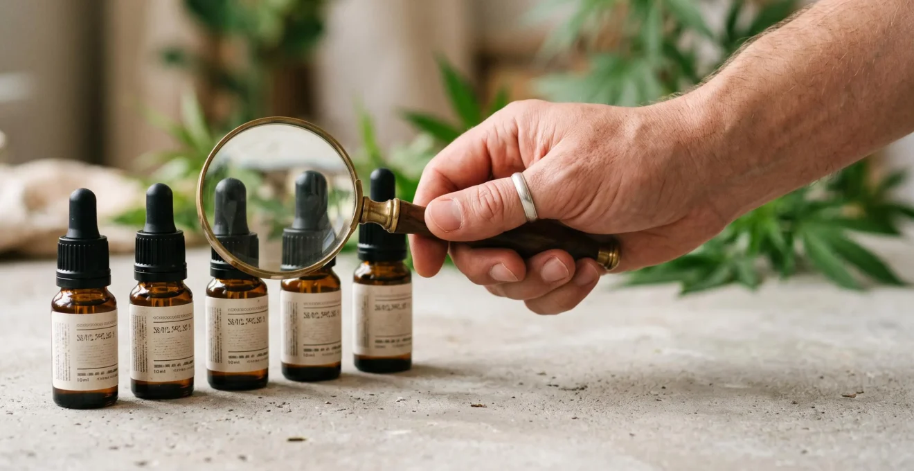 Main tenant une loupe au-dessus de flacons de CBD ambrés pour symboliser la vérification de la fiabilité d'un site avant achat