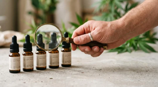 Main tenant une loupe au-dessus de flacons de CBD ambrés pour symboliser la vérification de la fiabilité d'un site avant achat